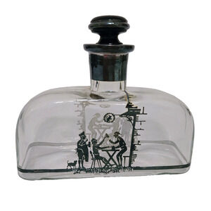 Vintage STERLING SILVER Overlay Glass Decanter Bottle Playful Scene Front/Back